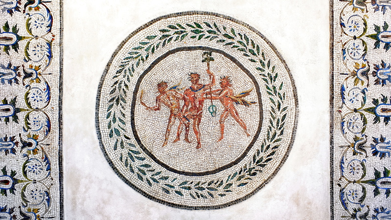 Roman mythology, Satyr, Dionysos and satyrs with laurel crowns, mosaic, Greek mythology, Dionysos, Rome, 8K, classic art