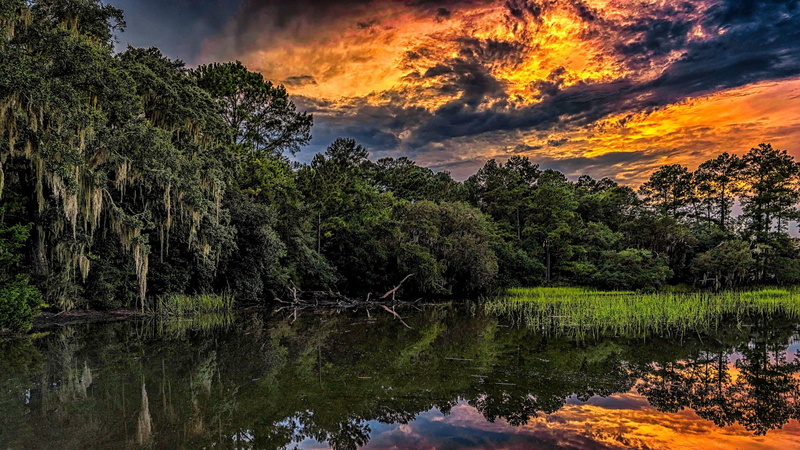 orange color, lake, foliage, summer, tranquil scene, sunset, dramatic sky, sky, no people, forest, river, tree, HDR, South Carolina, reflection, idyllic