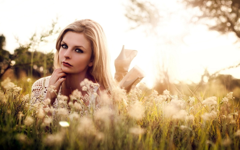 Blonde, Grass, Girl, Sunshine, Wildflowers, 1080P, Summer