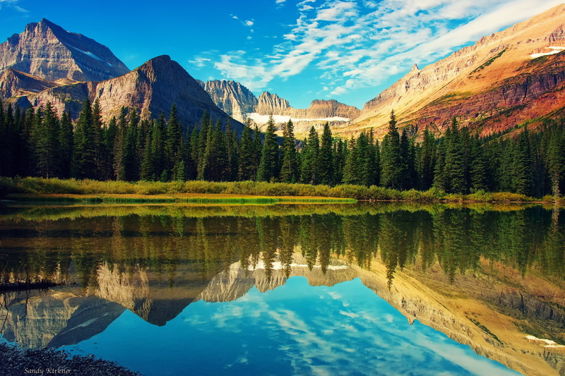 Mount Grinnell, 1080P, Rocky Mountains, reflection, glacier, park, national, Lake, forest, Glacier National Park, sky