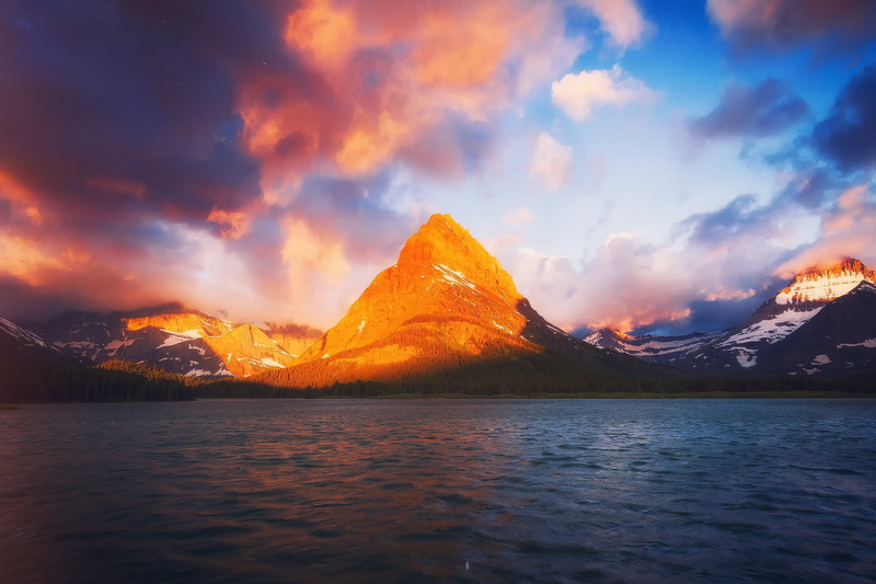 USA, snowcapped mountain, idyllic, lake, tranquil scene, non-urban scene, Montana, Swiftcurrent, waterfront, environment, reflection, Grinnell, cloud - sky