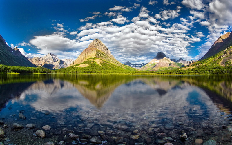 Swiftcurrent Lake, landscape, 1080P, beautiful, Mount Grinnell, cool, mountains, national, park, glacier