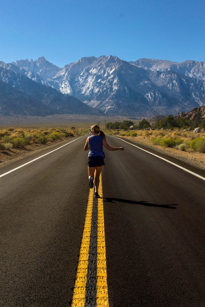 desert, marking, explore, women, one person, diminishing perspective, nature, road trip, road, symbol, outdoors, full length, rear view, highway 395, mountain range