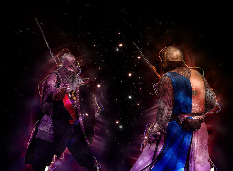 two, night, battle, illuminated, waist up, arts culture and entertainment, war, stage - performance space, motion, warrior, standing, knights, helmet, digital composite
