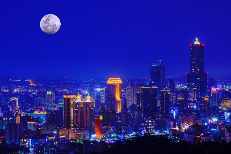 full moon, modern, urban landscape, night, office building exterior, illuminated, no people, residential district, landscape, downtown district, moon, cityscape