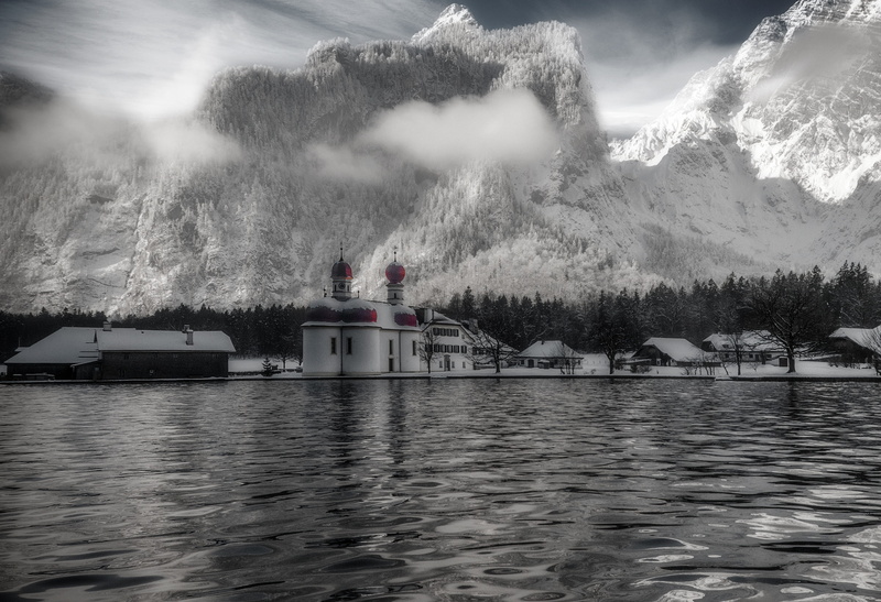 outdoors, no people, mountain, tree, day, sky, built structure, beauty in nature, plant, scenics - nature, waterfront, bartholomä st, winter, nautical vessel