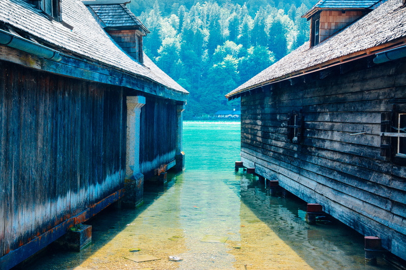 built structure, house, direction, wood - material, railing, sea, building, trees, 5K, pier, blue, water, germany, schönau am königssee, königssee, day