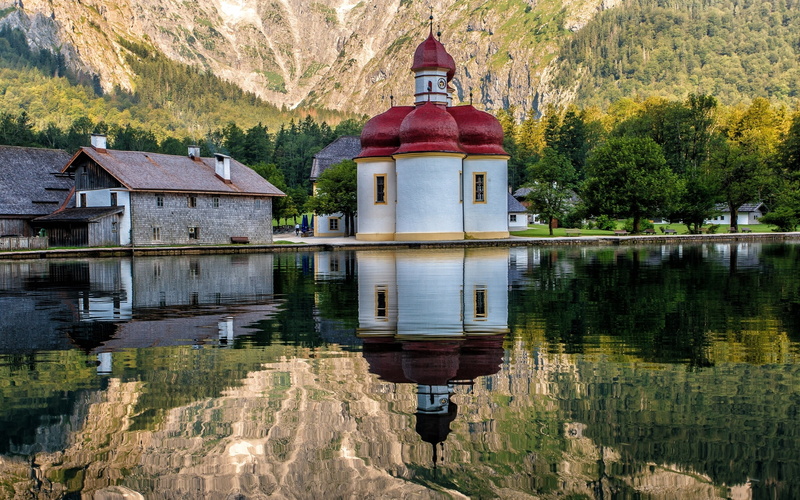 Germany, Bavaria, The Church Of St. Bartholomew, Am Konigssee, lake, reflection, 1080P, Königssee, Bayern, St Bartholomae