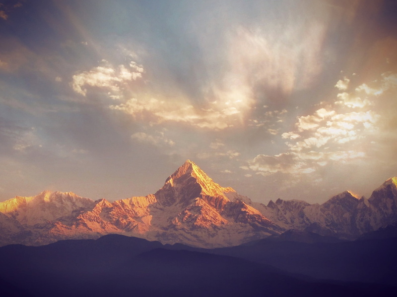 no people, nature, dramatic sky, Machapuchare 7000m, tranquility, snowcapped mountain, sunset, mountains, land, mountain, Nepal, scenics - nature, sky