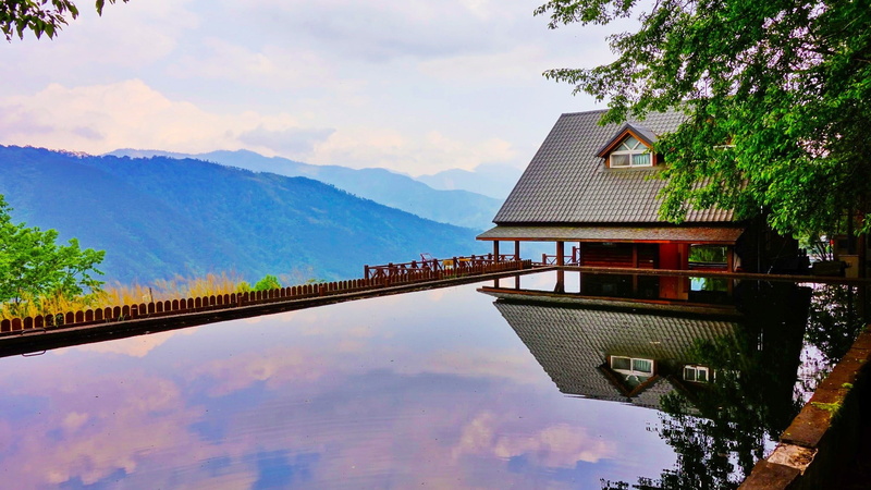 water, fence, reflection, mountains, tree, house, trees, mountain, 1080P, no people, brown, building exterior, outdoors, mountain range, day, cloud - sky