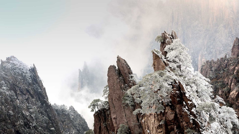 rocks, winter, Huangshan morning, mountains, 1080P, China, Anhui, fog