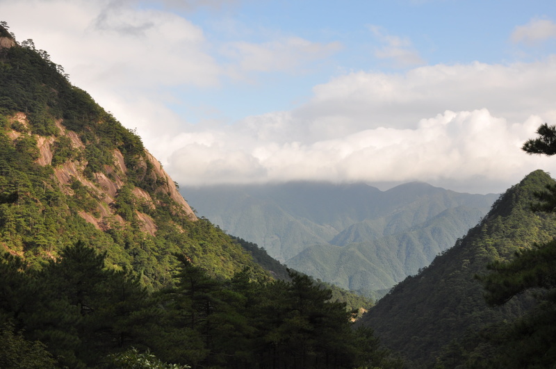 tranquility, tranquil scene, scenics, huangshan, scenics - nature, no people, landscape, outdoors, non-urban scene, idyllic, sky, coniferous tree, mountain