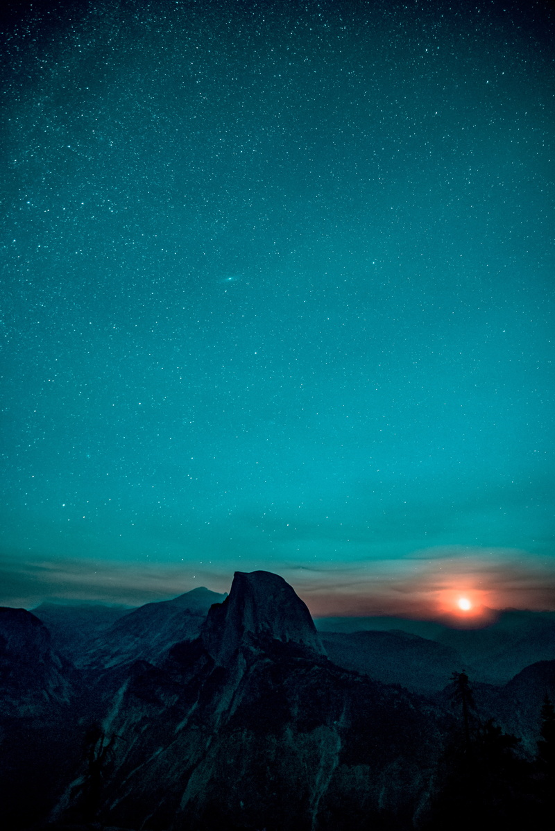 Half Dome, astrology, illuminated, scenics - nature, astronomy, no people, landscape, space, star - space, star field, nature, sunset, night, beauty in nature