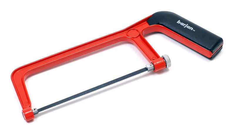 carpentry, paper, single object, red, black color, man made object, steel, hacksaw, alloy, work tool, technology, personal accessory, white background