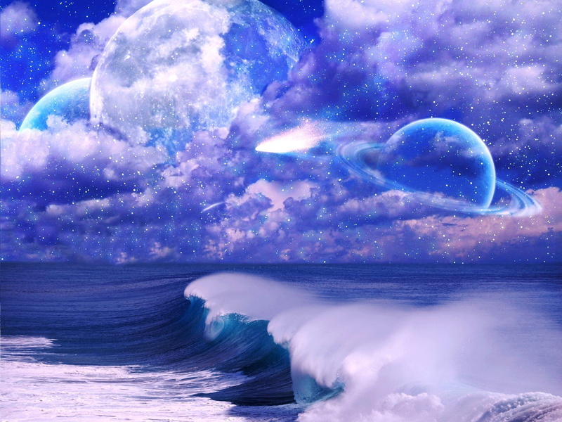 Sky, Waves, Sea, Space, Art, Pictures, Clouds, 1080P, Planet, Stars