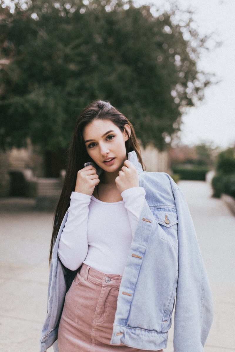 looking at viewer, jeans jacket, brunette, women, model, Natalie Gibson, women outdoors, 1080P
