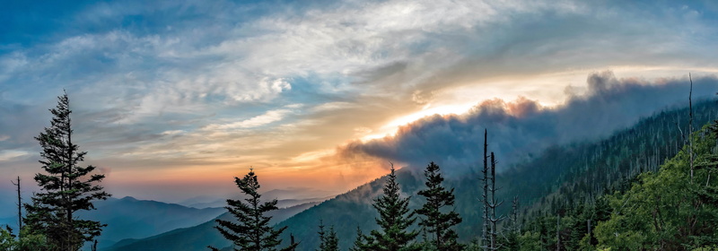 cloudscape, pine woodland, scenics - nature, land, no people, mountain range, sun setting, environment, scenic, sky, clingmans dome, appalachian, mountain