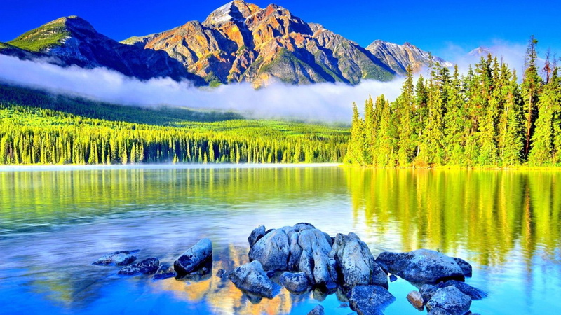 teton, sky, park, fog, lake, clouds, mountains, pine, forest, national, grand, landscape, rocks, blue, water, green, usa, taggart, 1080P