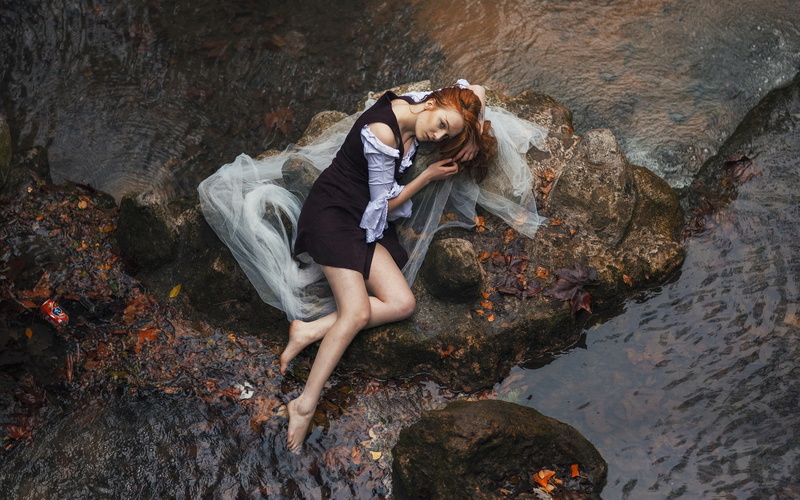 1080P, Stones, Side, River, Lying, Girl