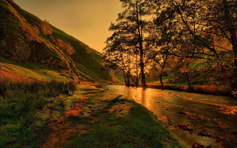 1080P, river, wonderful, mountain, nature and landscapes, valley, tall, side, foothill, sunset, trees