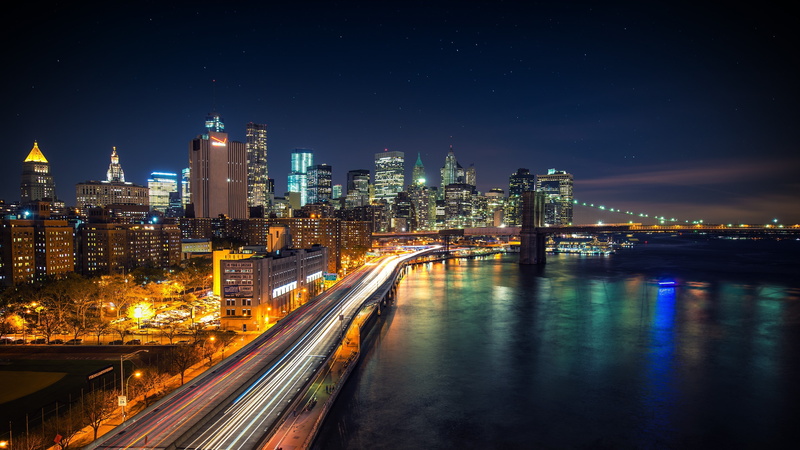 bridge, illuminated, skyscraper, building, motion, light trail, landscape, outdoors, transportation, connection, cityscape new york city long exposure usa brooklyn bridge west side highway night lights city road river bridge skyscraper stars light trails