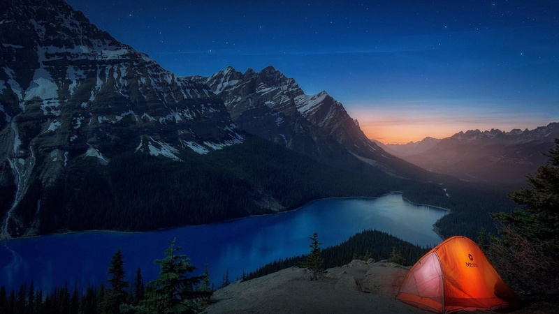 mount scenery, canada, tranquility, landscape, banff national park, atmosphere, star - space, 1080P, tranquil scene, activity, astronomy, tent, lake, scenics - nature