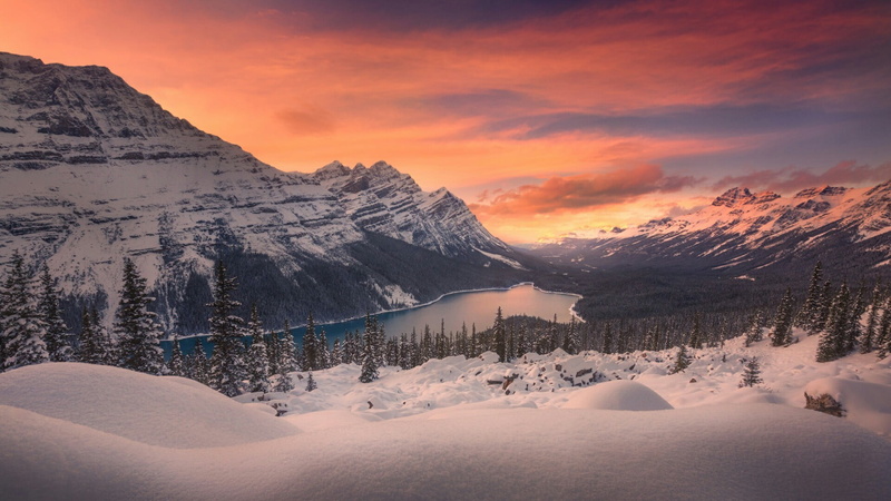 cloud, no people, snow, rocky mountains, snowcapped mountain, nature, sunset, cloud - sky, mountain, peyto lake, tranquility, winter, non-urban scene, idyllic