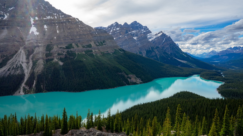 tranquil scene, lake, cloud, photography, turquoise colored, near, nature, peyto lake, no people, conifer, snow, glacier, mountain range, beauty in nature