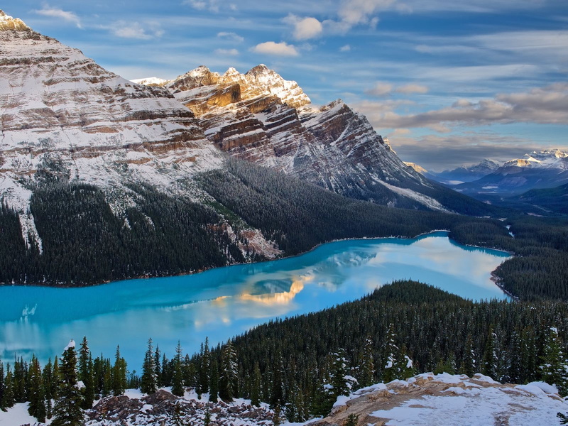 non-urban scene, water, snow, canada, outdoors, peyto, lake, 720P, mountain, nature, mountain range, tranquil scene, tranquility, cloud - sky, cold temperature