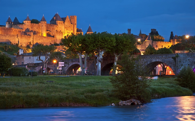 river, castle, no people, illuminated, arch bridge, outdoors, history, green, dusk, plant, reflection, trees, sky, building, waterfront, travel Destinations