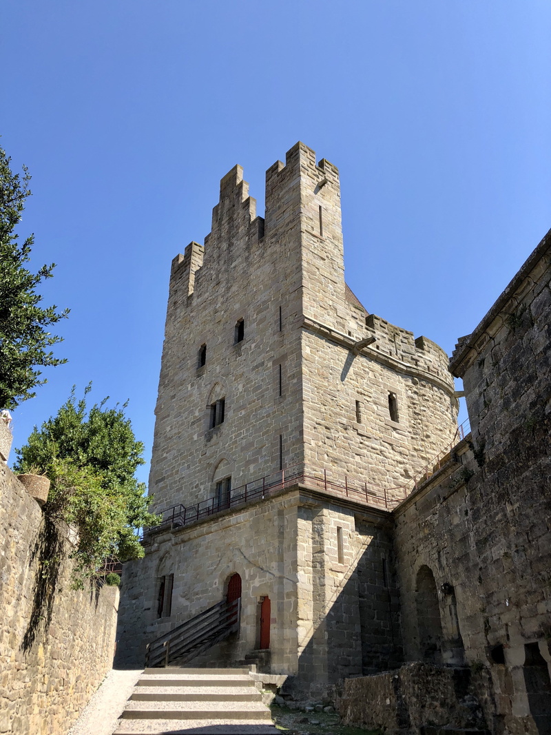 no people, city, building, sunlight, the past, staircase, wall, outdoors, tower, occitania, medieval, old, rampart, history, built structure, low angle view