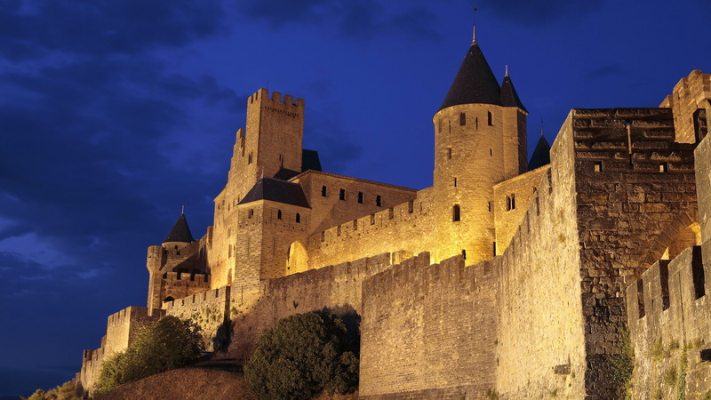 night, fortress, tower, 1080P, wall, France, the sky, hill, castle, Carcassonne