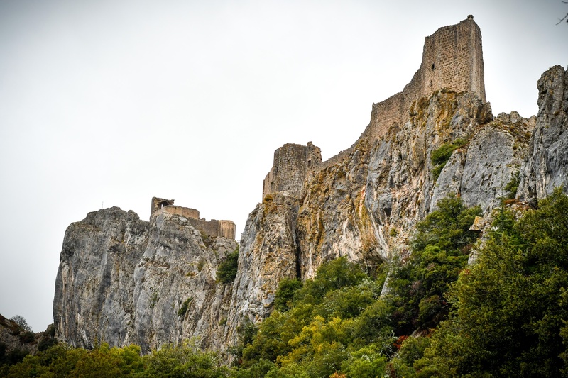medieval, solid, rock, rock formation, travel destinations, tree, 2K, mountain, low angle view, cathar, high-cobières, tranquility, rock - object, sky