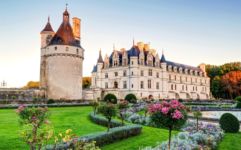 France, Castle, Chateau, Lawn, Chenonceau, 2K, Bushes, Garden