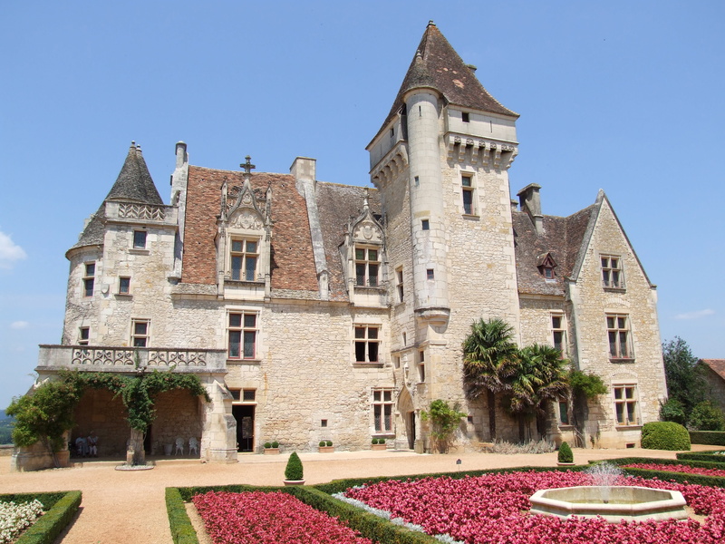 tower, sunlight, old fortress, plant, chateau, low angle view, clear sky, travel destinations, 2K, castle, flowerbed, architecture, day, chateau de milandes