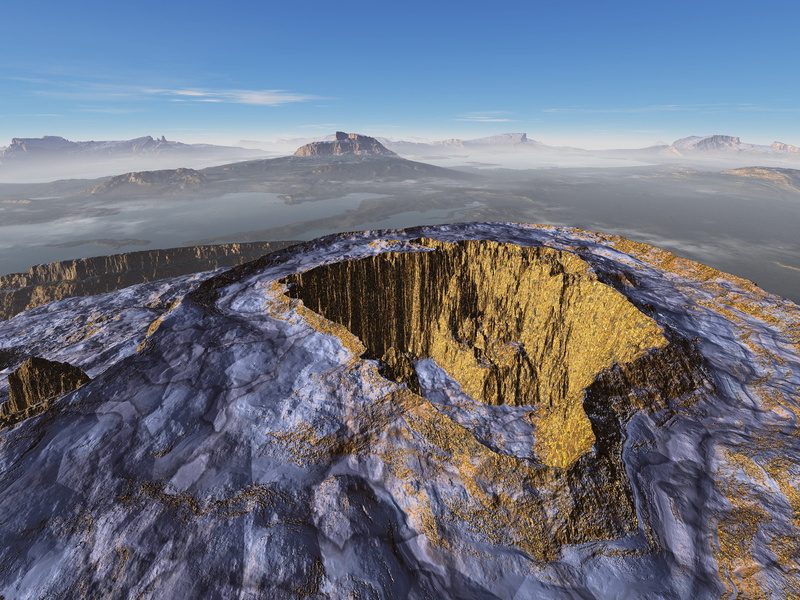 scenics - nature, day, computer generated, top, rocky, beauty in nature, no people, mountain range, geology, 4K, summit, foggy, high up, tranquil scene