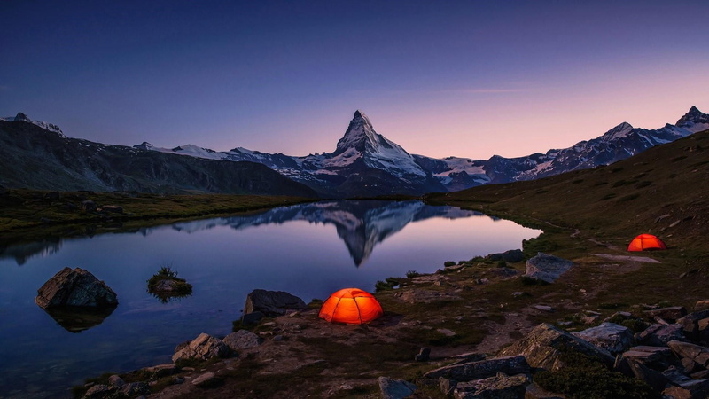 scenics - nature, non-urban scene, mountain, rock, reflection, mountain range, dawn, morning, sky, tent, idyllic, snowcapped mountain, tranquil scene, water