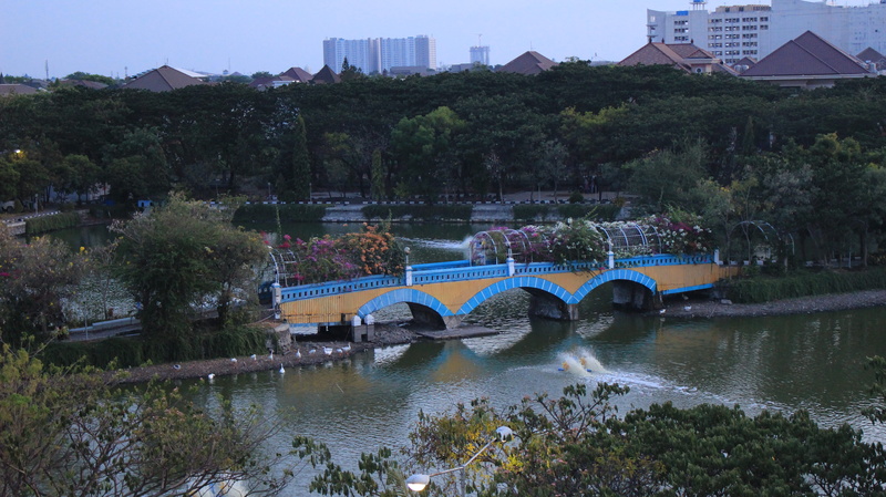 building exterior, outdoors, surabaya, no people, city, lake, danau unair, green, water, indonesia, river, motion, bridge, tree, connection, nature, calm