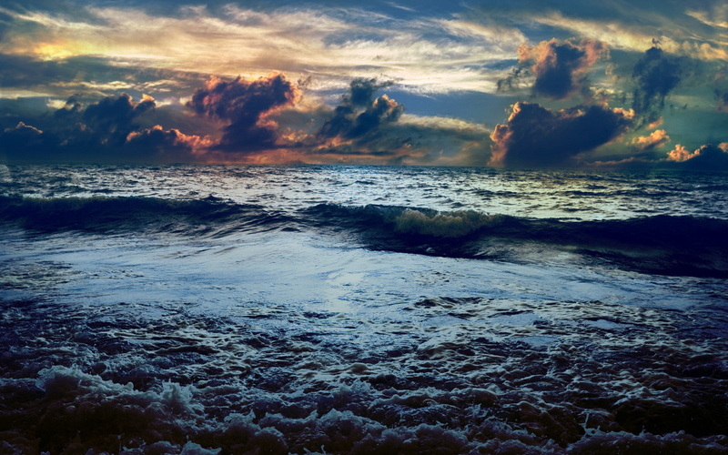 sea, clouds, foam, 1080P, horizon, volume, shadows, merge, terribly, wave