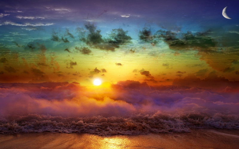 Night, tranquility, Waves, tranquil scene, land, idyllic, Moon, Evening, nature, Sea, Merge, cloud - sky, Clouds, Decline, reflection, outdoors, dramatic sky