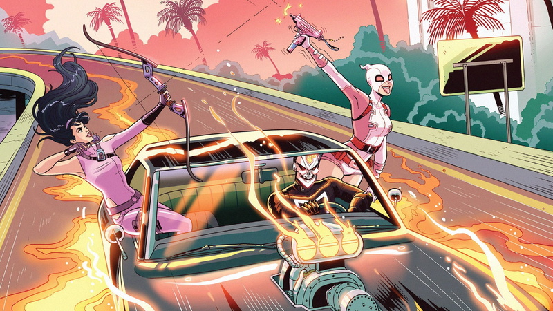 Mask, Have fun, Heroes, 1080P, Kate Bishop, Fire, Arrows, Riding, Ghost Rider, Girls, Fun, Arrow, Hawkeye, Marvel, Gwenpool, Costume, Comics, Gwen Stacy