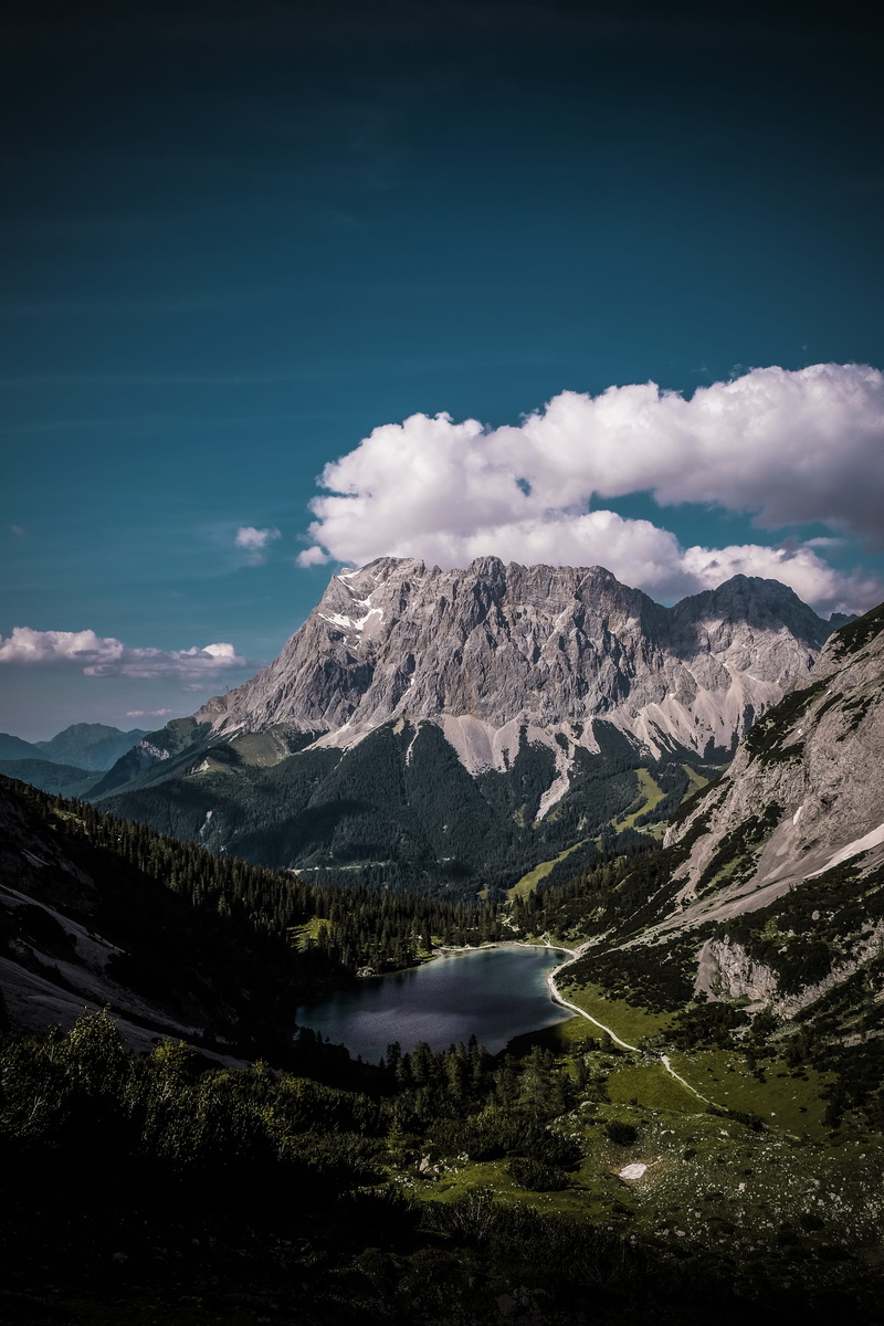 hill, ehrwald, remote, volcano, scenics - nature, zugspitze, snowcapped mountain, view, nature, non-urban scene, sky, idyllic, geology, valley, seebensee