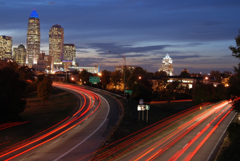 nighttime, dusk, urban, charlotte, street, long exposure, traffic, night, outdoors, skyscraper, architecture, city life, light trail, built structure, road
