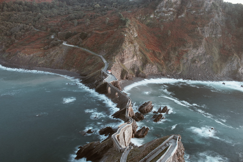 gaztelugatxe, autumn, waterfall, waves, spain, sea, environment, motion, flowing water, path, no people, photography, basque, nature, rock, beauty in nature