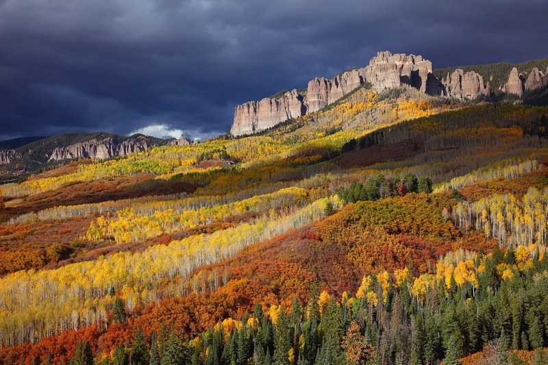 tops, USA, scenic view, rocks, national forest, forest, mountains, bright colors, colorful foliage, autumn, clouds, 1080P, San Juan