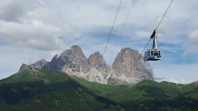 cable, outdoors, mountain range, nature, tranquil scene, 5K, cloud - sky, travel, scenics - nature, day, mode of transportation, no people, sassolungo