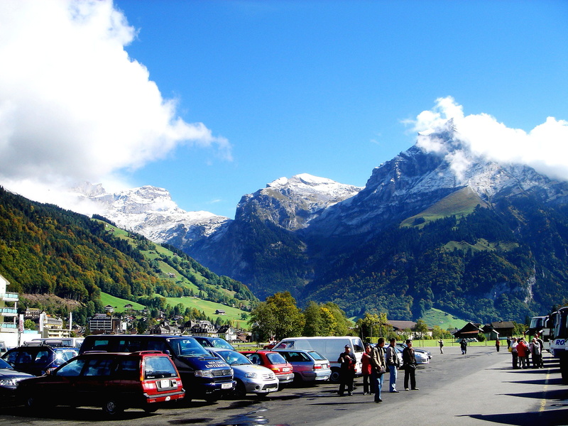 mountains, alpine, snow mountain, car, titlis, group of people, motor vehicle, cloud - sky, outdoors, village, nature, plant, day, lake, white cloud, city