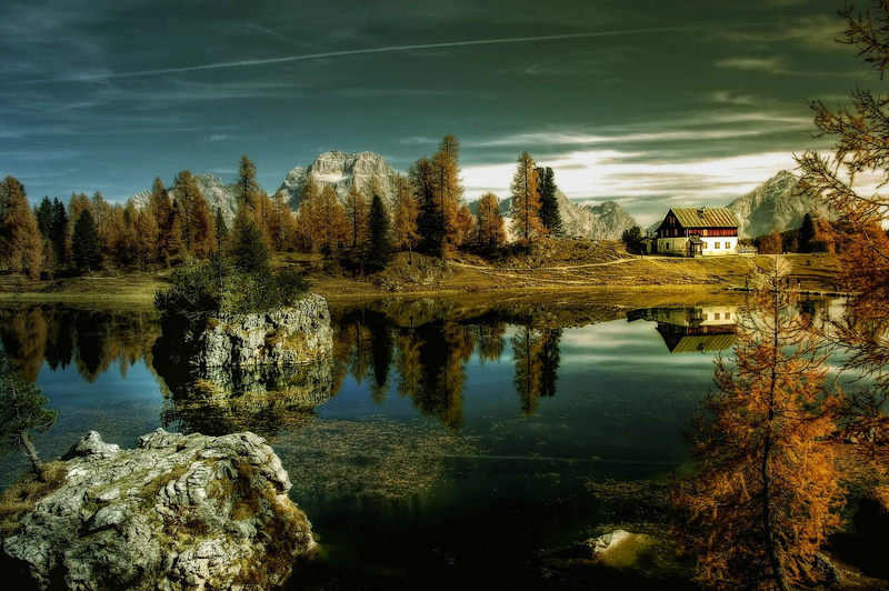 tree, 2K, built structure, alpine panorama, landscape, scenics - nature, beauty in nature, italy, tranquil scene, alpine, evening, bergsee, architecture
