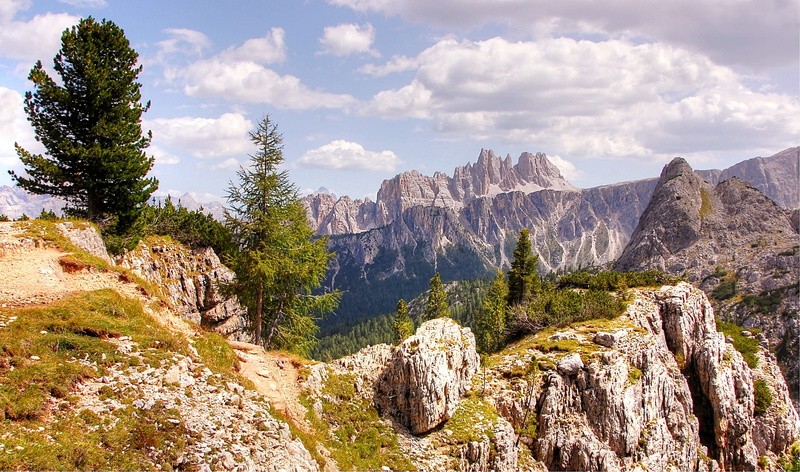 formation, rock formation, rock, landscape, panorama, alpine panorama, environment, blue, croda da lago, scenics - nature, nature, cloud - sky, plant, dolomites