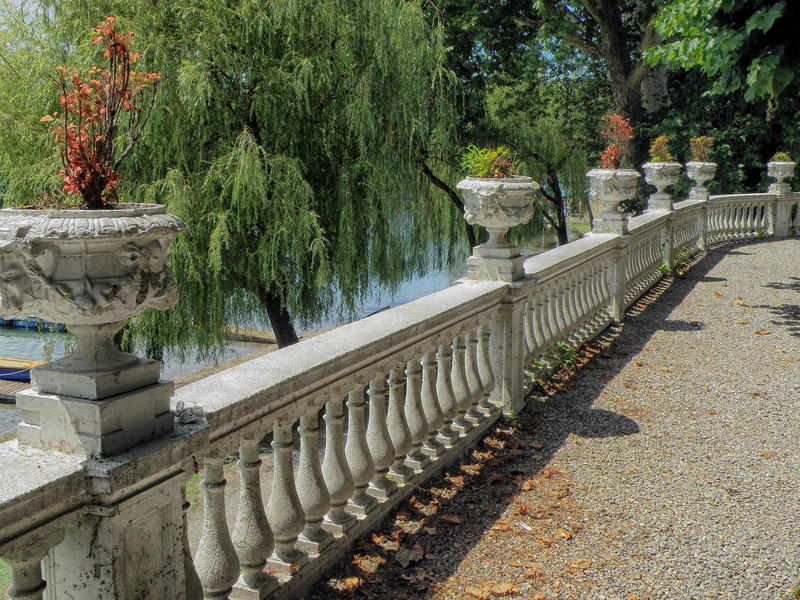 water, park - man made space, railing, day, flowers, outside, sesto calende, concrete, italy, trees, urns, no people, shadow, gray, 2K, spring, walkway